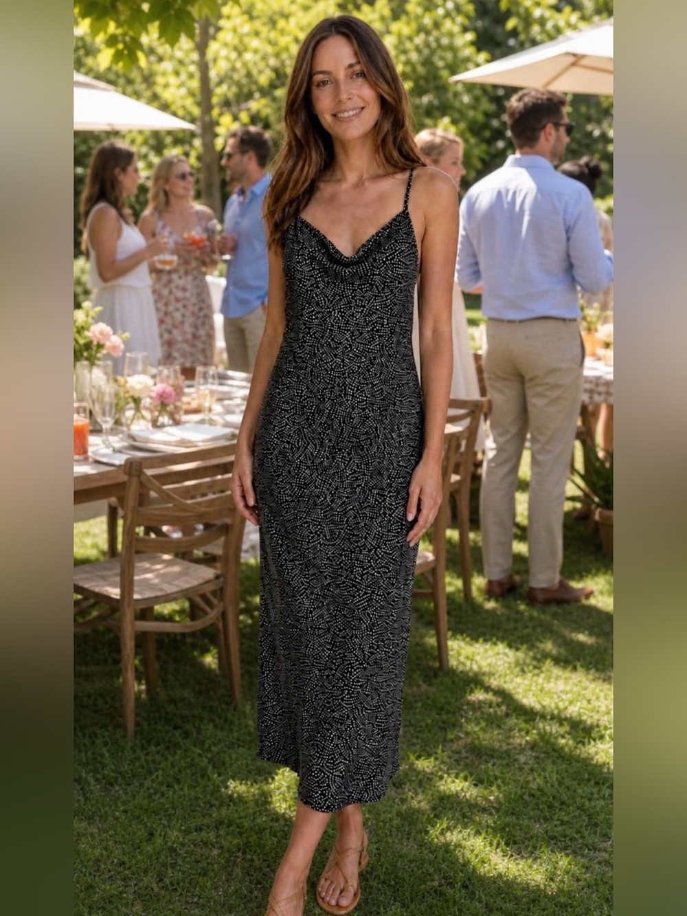 GAP "Love By Gap" Drape Neck Slitted Slip Dress, Pin-dot Black, Small